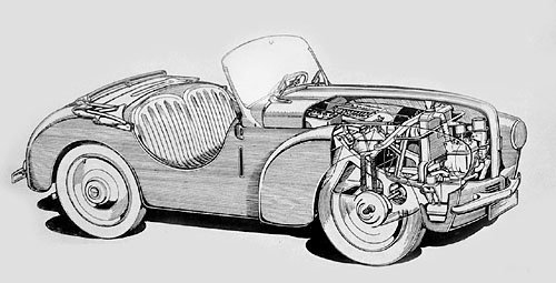 Dessin en écorché de la Chausson CHS montrant le moteur à l’avant
