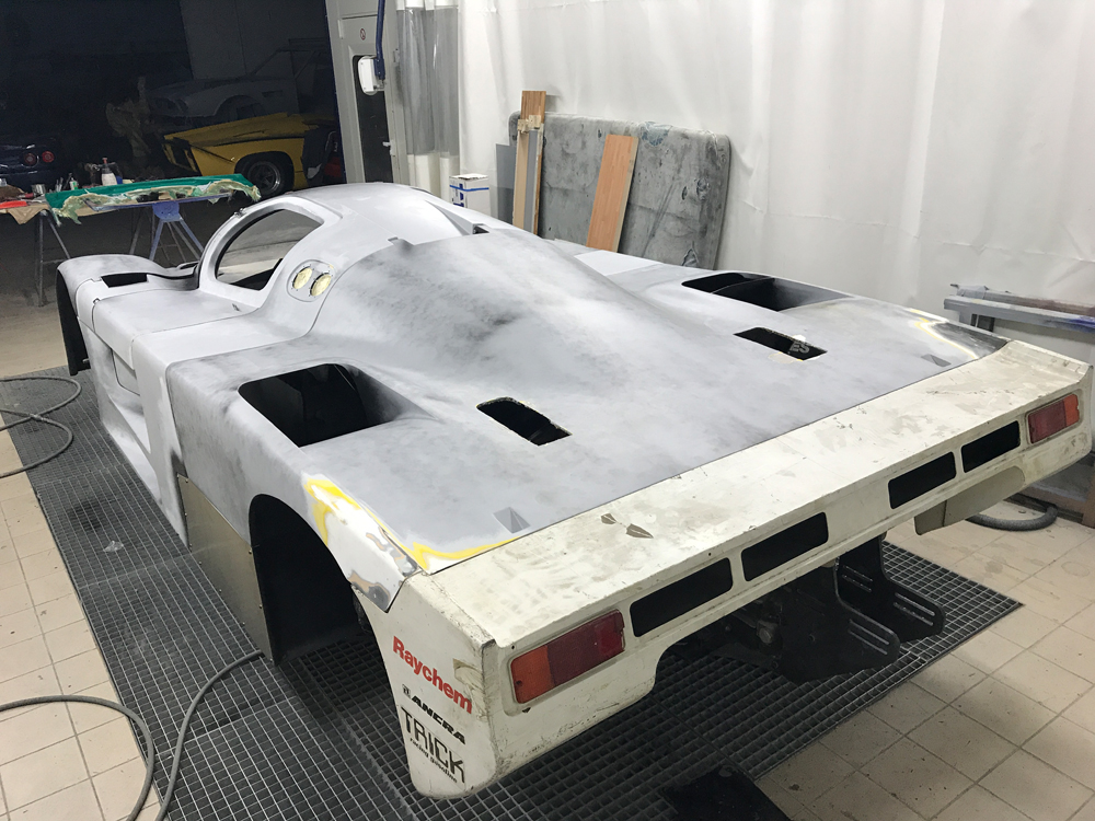 Toyota 88C bodywork in primer, fitted to the car before painting