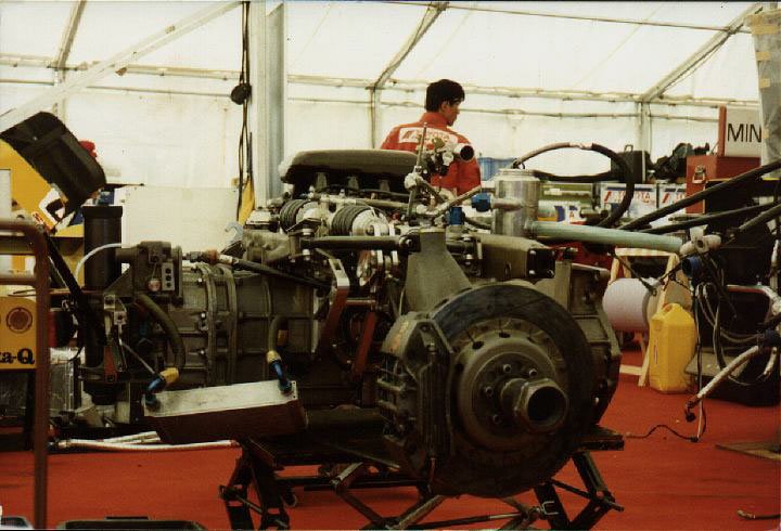 Engine, gearbox and rear end of the Toyota 88C on a stand, 1988 season in Japan