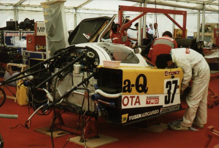 The Toyota 88C no. 37 with its bodywork removed in the paddock, 1988 season in Japan