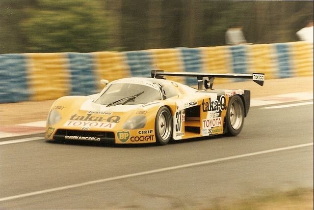 The Toyota 88C no. 37 through a corner at the 1988 24 Hours of Le Mans